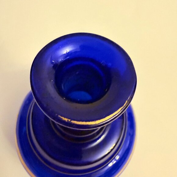 Cobalt Blue Glass Vase Flared Rim Gold Accents Victorian Era Handblown Collectib - Picture 11 of 14